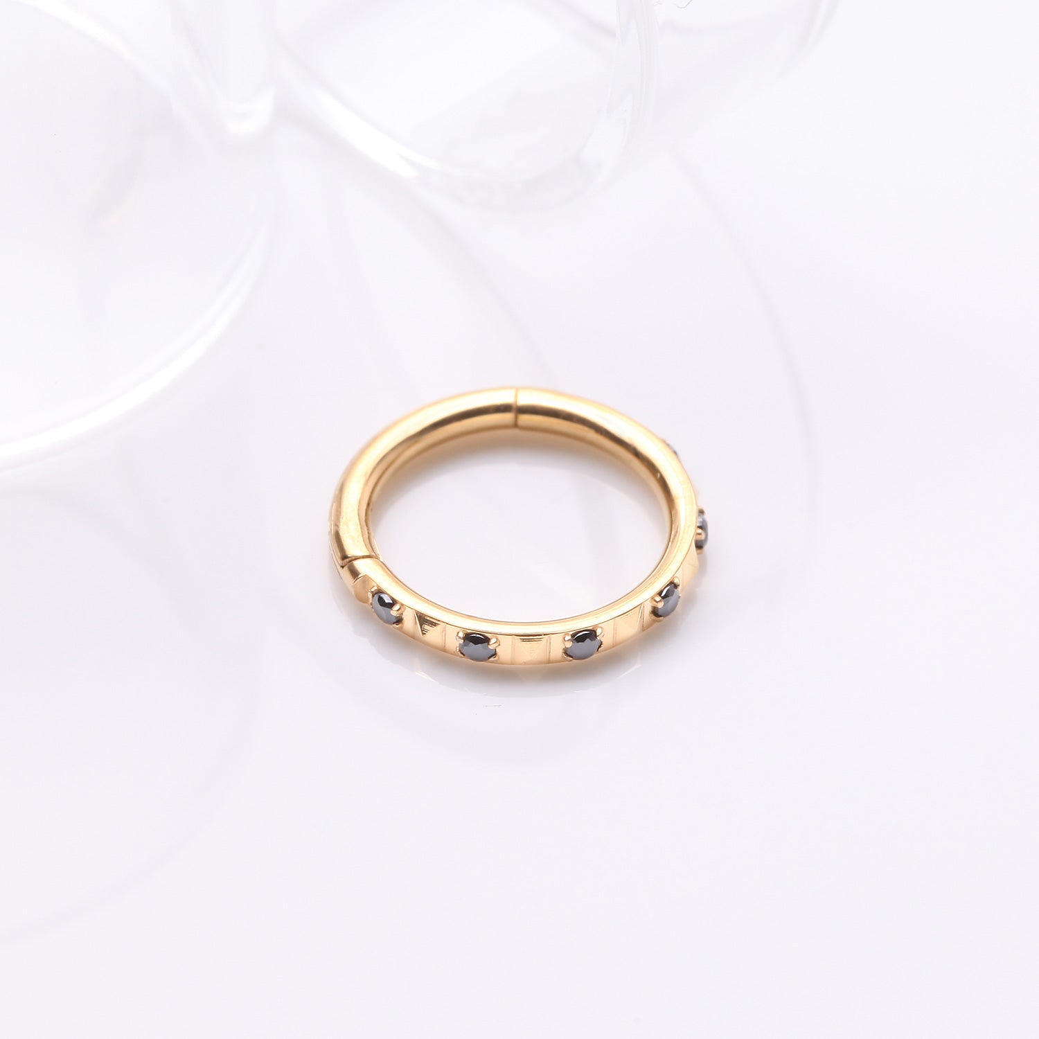 Detail View 1 of Implant Grade Titanium Golden Pyramid Sparkle Studded Geometric Seamless Clicker Hoop Ring-Black