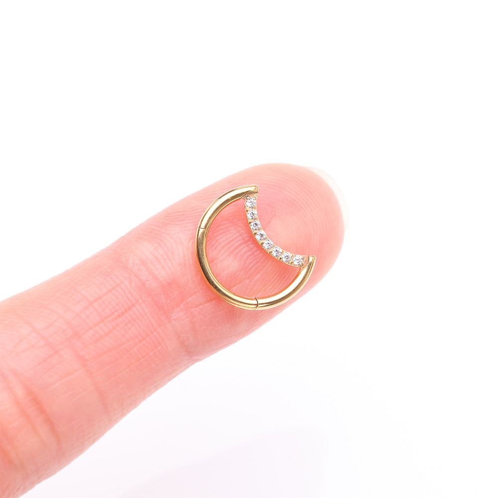 Detail View 2 of Implant Grade Titanium Golden Crescent Moon Sparkle Clicker Hoop Ring-Clear Gem