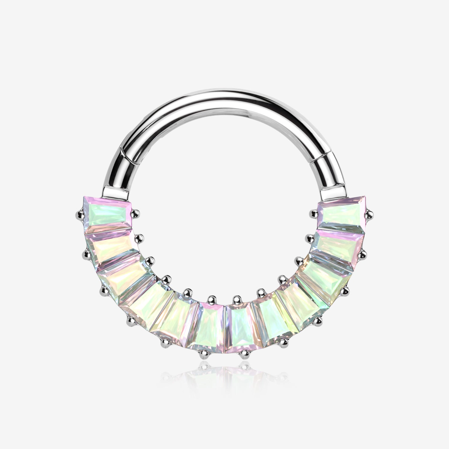 Implant Grade Titanium Pave Baguette Sparkle Clicker Hoop Ring-Aurora Borealis