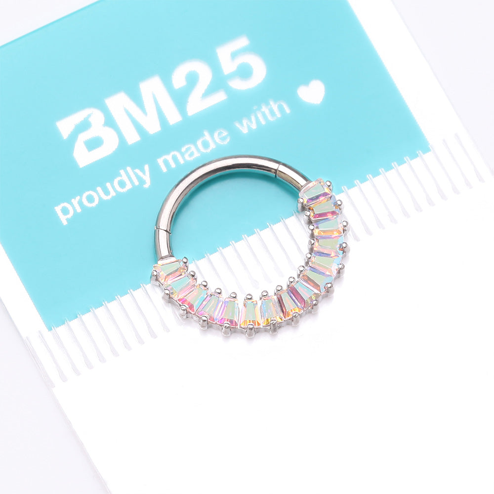Detail View 4 of Implant Grade Titanium Pave Baguette Sparkle Clicker Hoop Ring-Aurora Borealis
