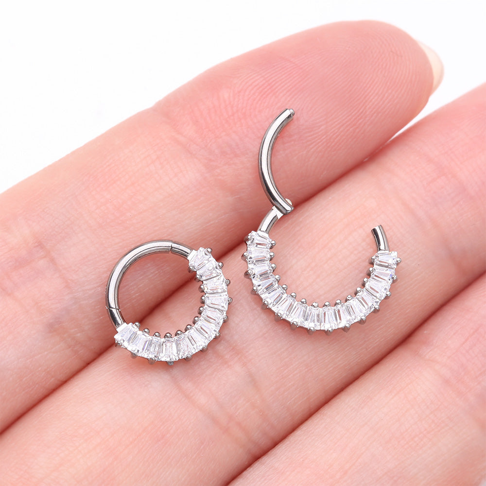 Detail View 3 of Implant Grade Titanium Pave Baguette Sparkle Clicker Hoop Ring-Clear Gem