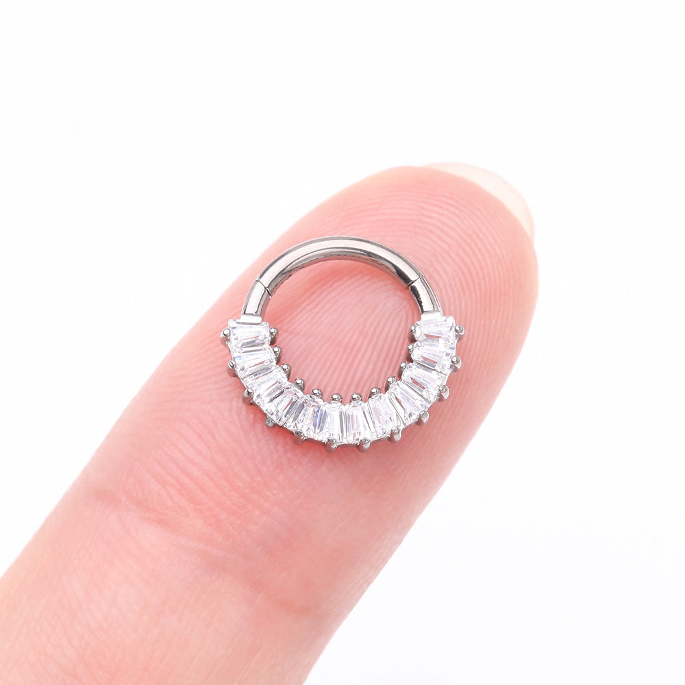 Detail View 2 of Implant Grade Titanium Pave Baguette Sparkle Clicker Hoop Ring-Clear Gem