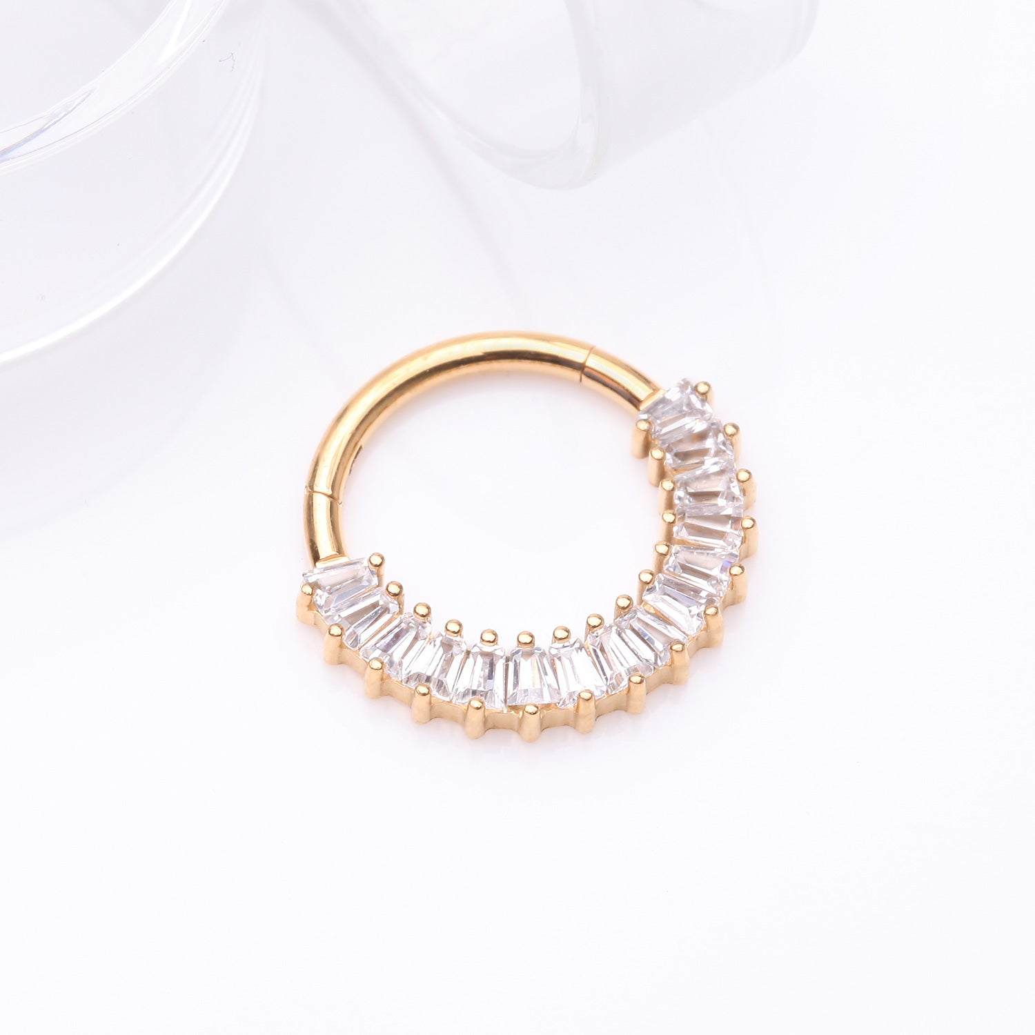 Detail View 1 of Implant Grade Titanium Golden Pave Baguette Sparkle Clicker Hoop Ring-Clear Gem