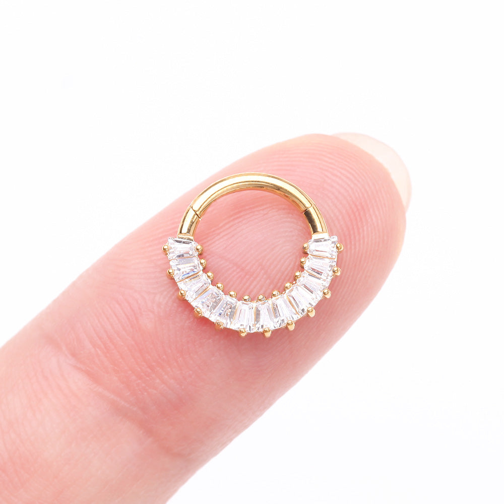 Detail View 2 of Implant Grade Titanium Golden Pave Baguette Sparkle Clicker Hoop Ring-Clear Gem