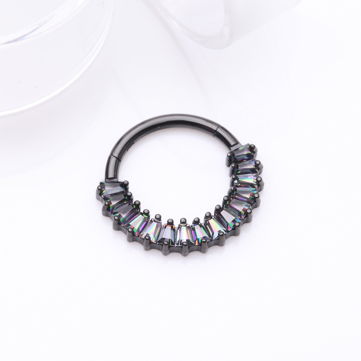 Detail View 1 of Implant Grade Titanium Blackline Pave Baguette Sparkle Clicker Hoop Ring-Vitrail Medium
