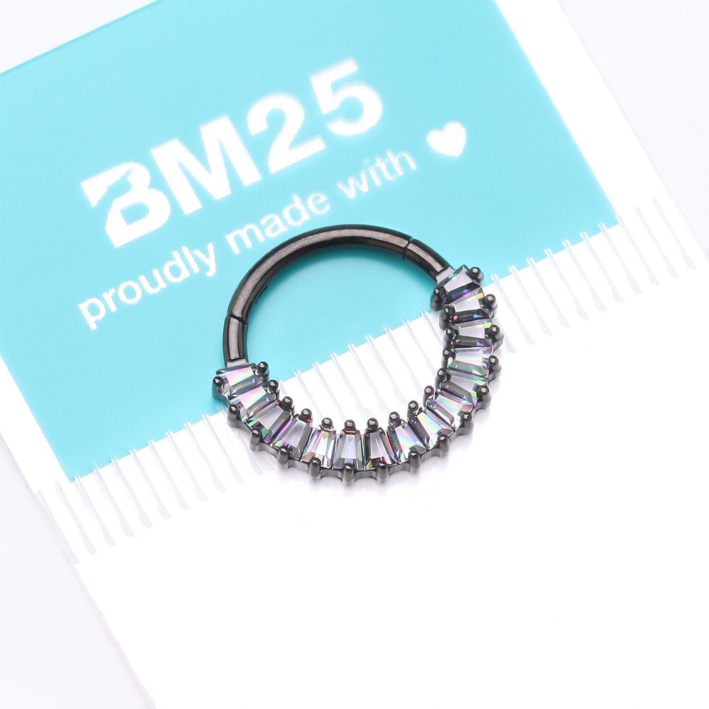 Detail View 4 of Implant Grade Titanium Blackline Pave Baguette Sparkle Clicker Hoop Ring-Vitrail Medium