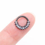 Detail View 2 of Implant Grade Titanium Blackline Pave Baguette Sparkle Clicker Hoop Ring-Vitrail Medium