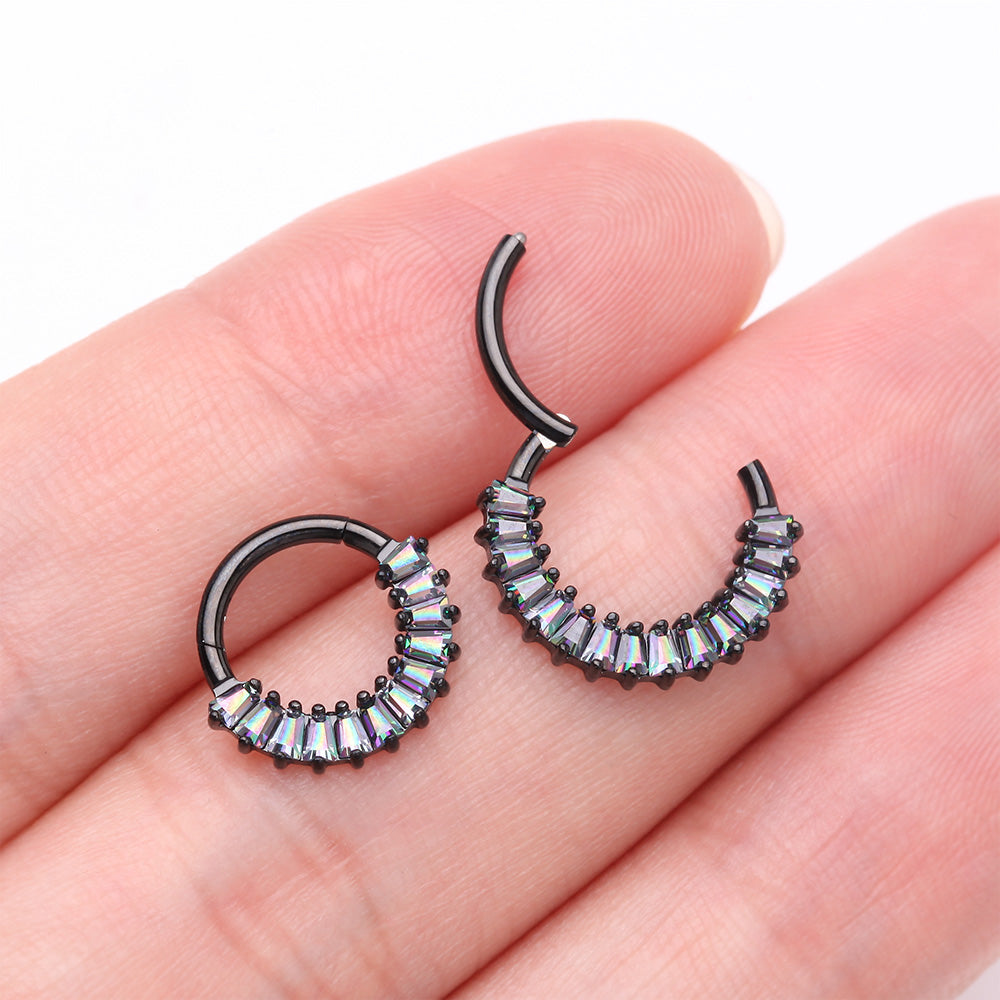 Detail View 3 of Implant Grade Titanium Blackline Pave Baguette Sparkle Clicker Hoop Ring-Vitrail Medium