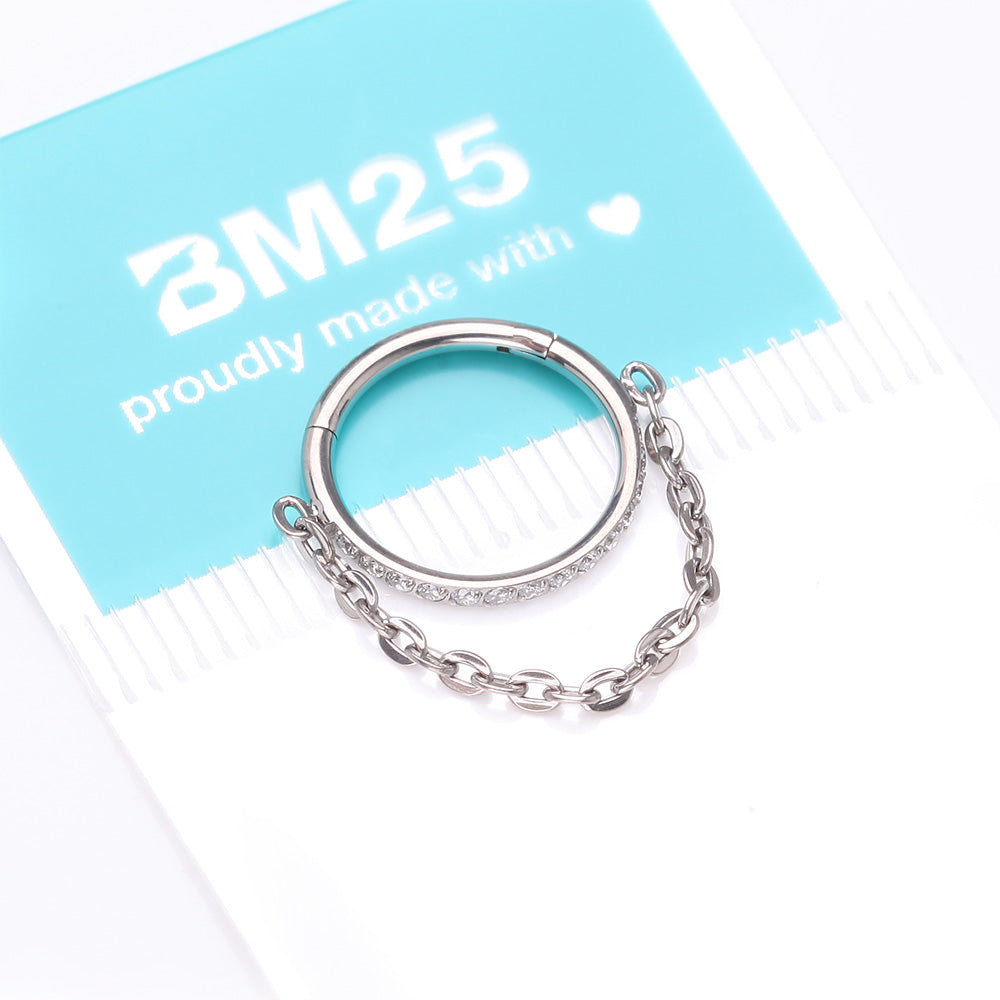 Detail View 4 of Implant Grade Titanium Brilliant Sparkle Rim Chained Clicker Hoop Ring-Clear Gem