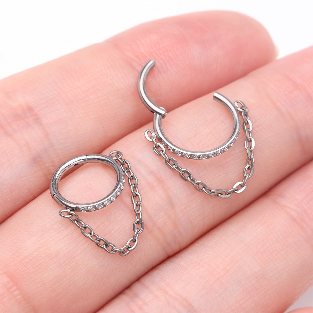 Detail View 3 of Implant Grade Titanium Brilliant Sparkle Rim Chained Clicker Hoop Ring-Clear Gem