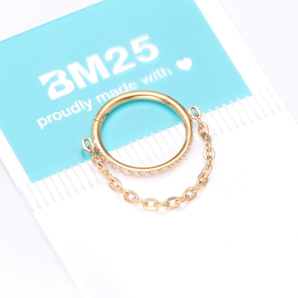 Detail View 4 of Implant Grade Titanium Golden Brilliant Sparkle Rim Chained Clicker Hoop Ring-Clear Gem