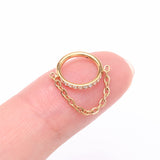Detail View 2 of Implant Grade Titanium Golden Brilliant Sparkle Rim Chained Clicker Hoop Ring-Clear Gem
