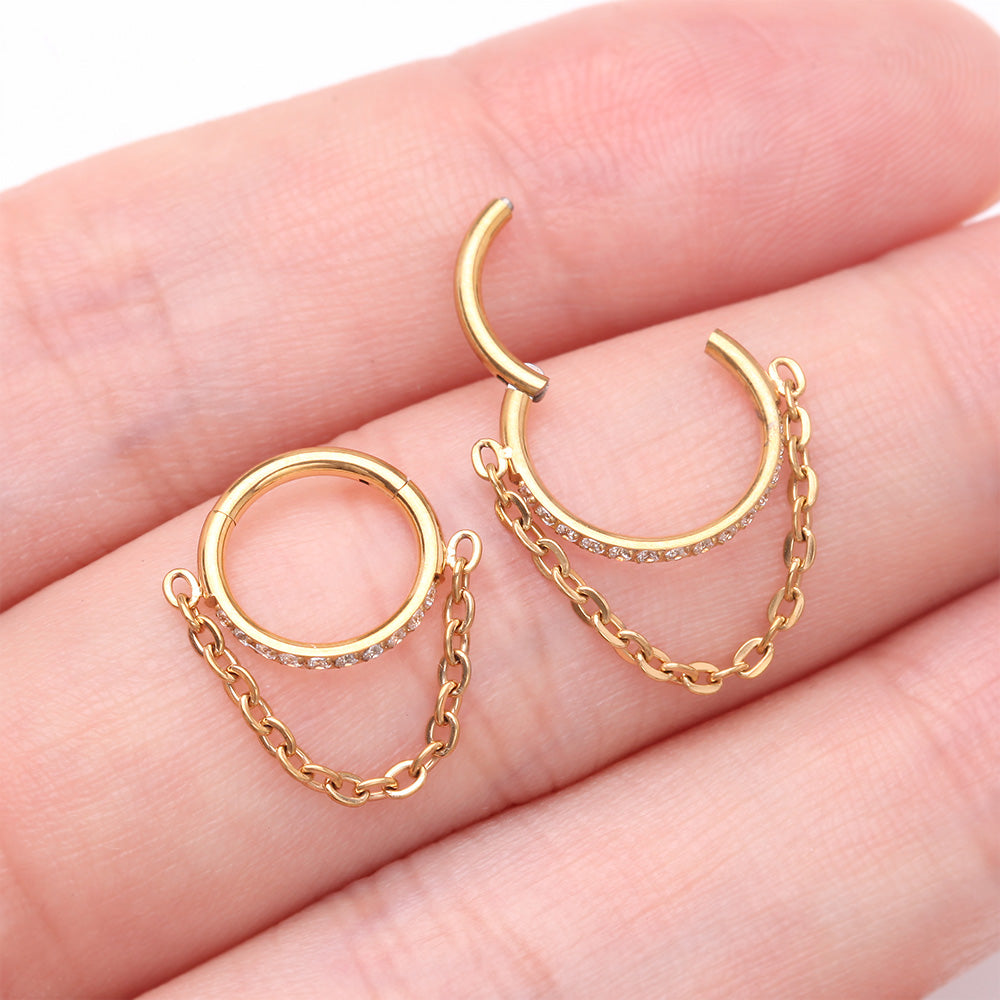 Detail View 3 of Implant Grade Titanium Golden Brilliant Sparkle Rim Chained Clicker Hoop Ring-Clear Gem