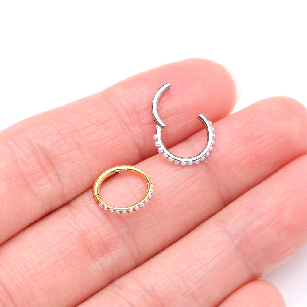 Detail View 3 of Implant Grade Titanium Golden Pearlescent Beads Lined Clicker Hoop Ring-White