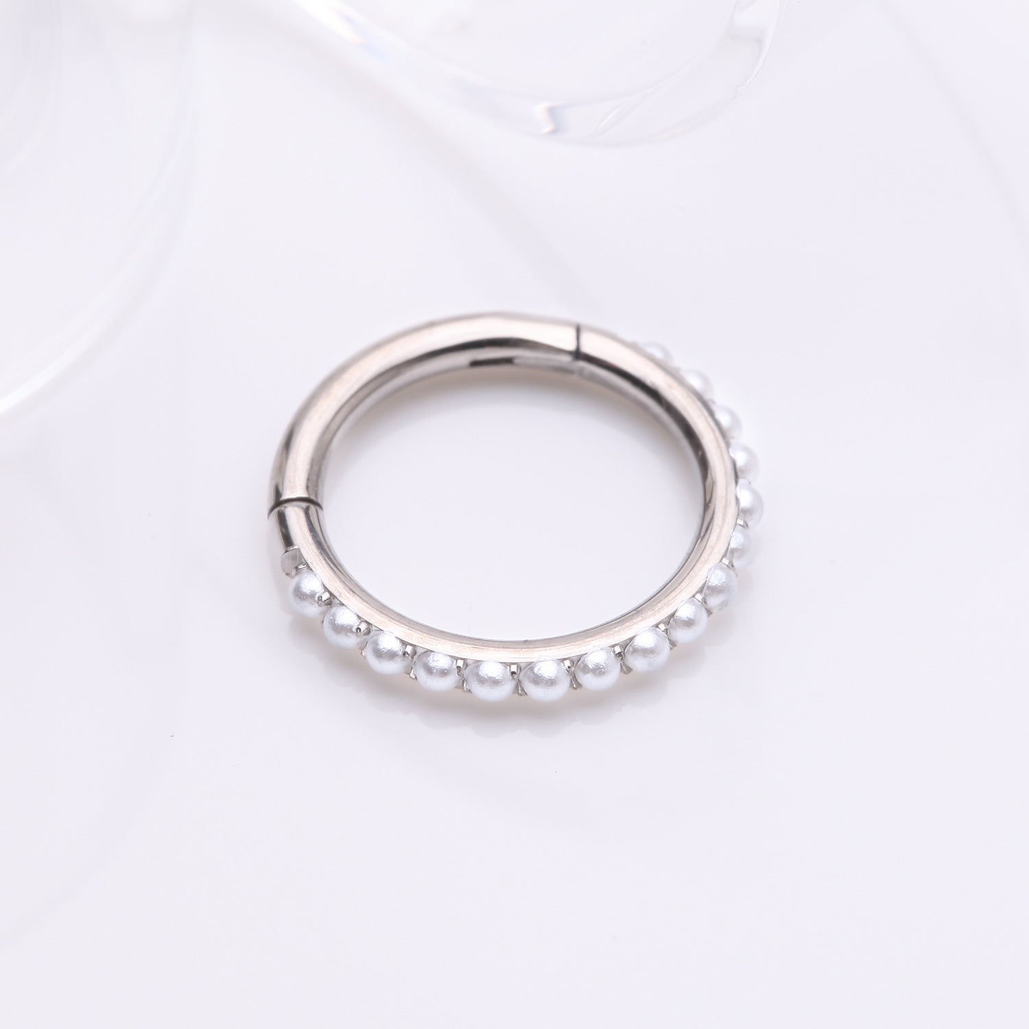 Detail View 1 of Implant Grade Titanium Pearlescent Beads Lined Clicker Hoop Ring-White
