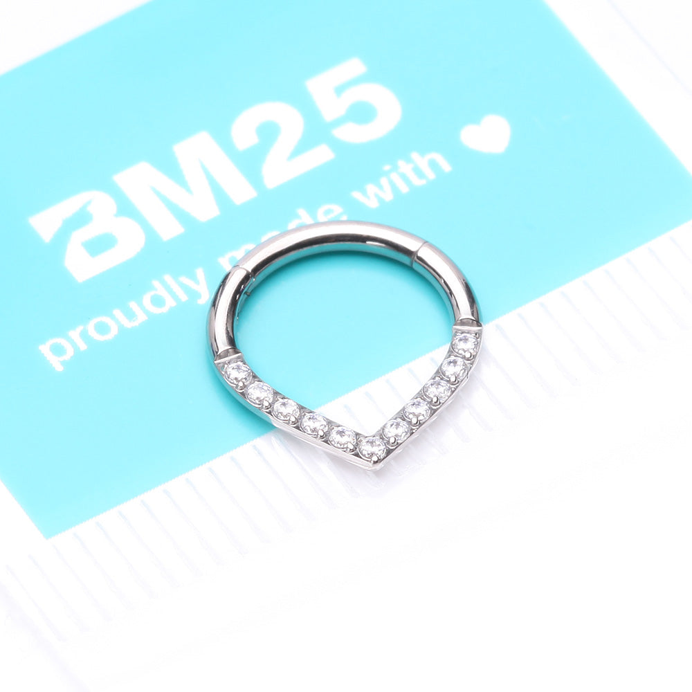 Detail View 4 of Implant Grade Titanium Chevron Sparkle Lined Seamless Clicker Hoop Ring-Clear Gem