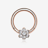 Implant Grade Titanium Rose Gold Brilliant Flower Sparkle Clicker Hoop Ring-Clear Gem