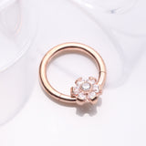 Detail View 1 of Implant Grade Titanium Rose Gold Brilliant Flower Sparkle Clicker Hoop Ring-Clear Gem