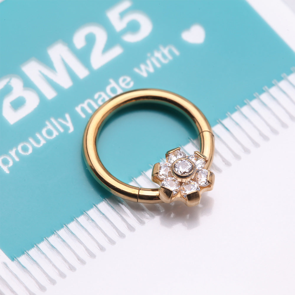 Detail View 4 of Implant Grade Titanium Golden Brilliant Flower Sparkle Clicker Hoop Ring-Clear Gem