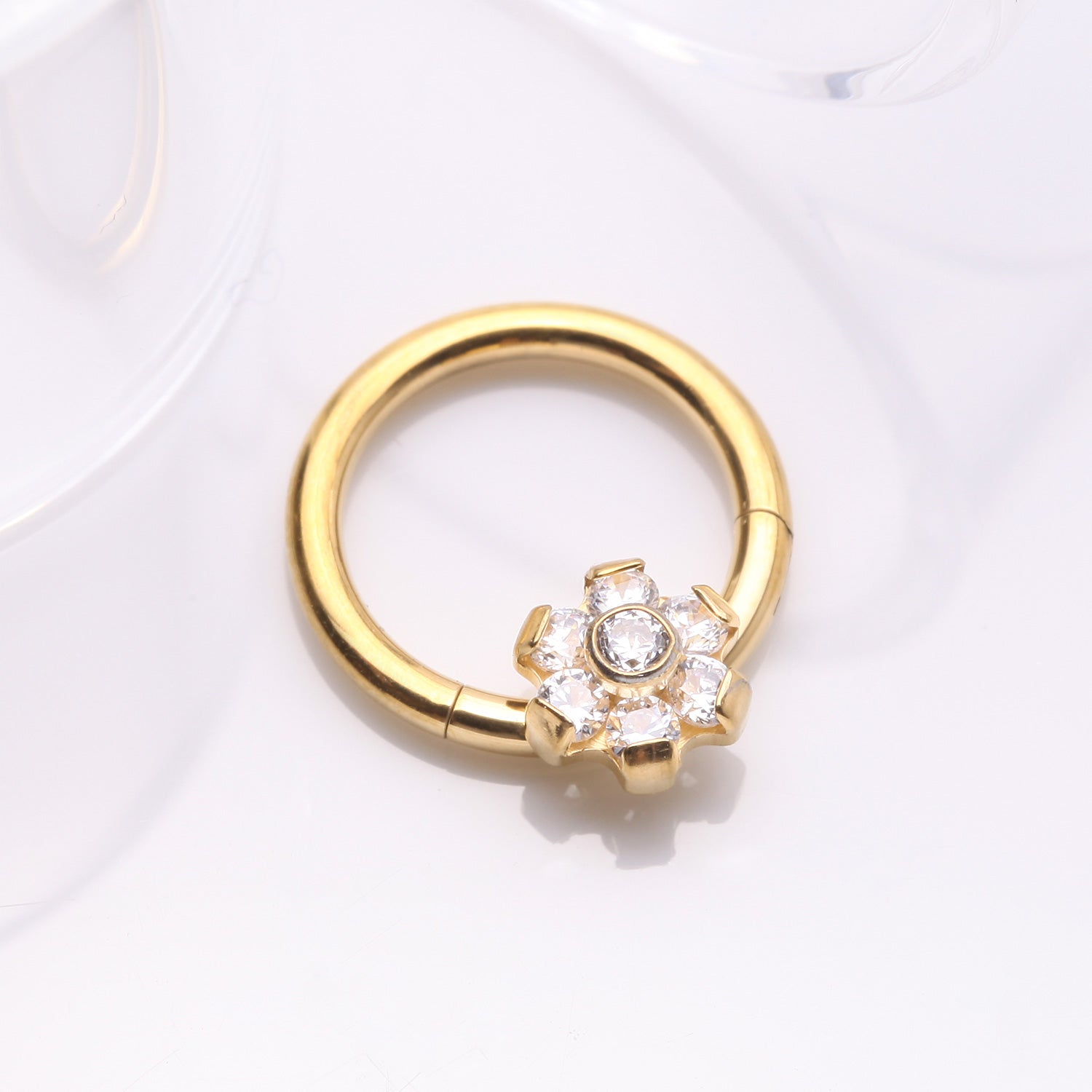 Detail View 1 of Implant Grade Titanium Golden Brilliant Flower Sparkle Clicker Hoop Ring-Clear Gem