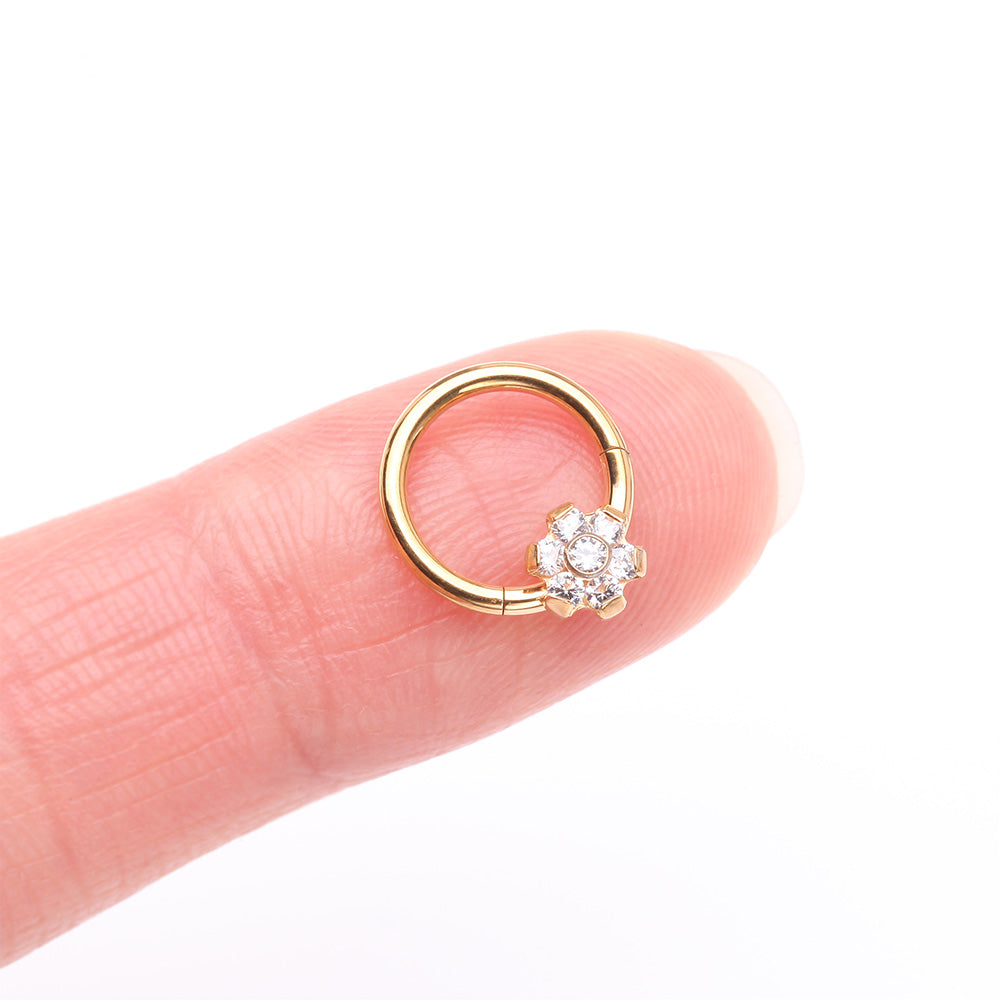 Detail View 2 of Implant Grade Titanium Golden Brilliant Flower Sparkle Clicker Hoop Ring-Clear Gem