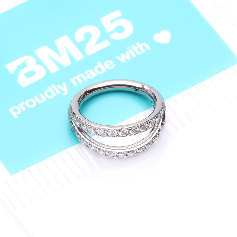 Detail View 4 of Implant Grade Titanium Double Hoop Gems Seamless Clicker Hoop Ring-Clear Gem