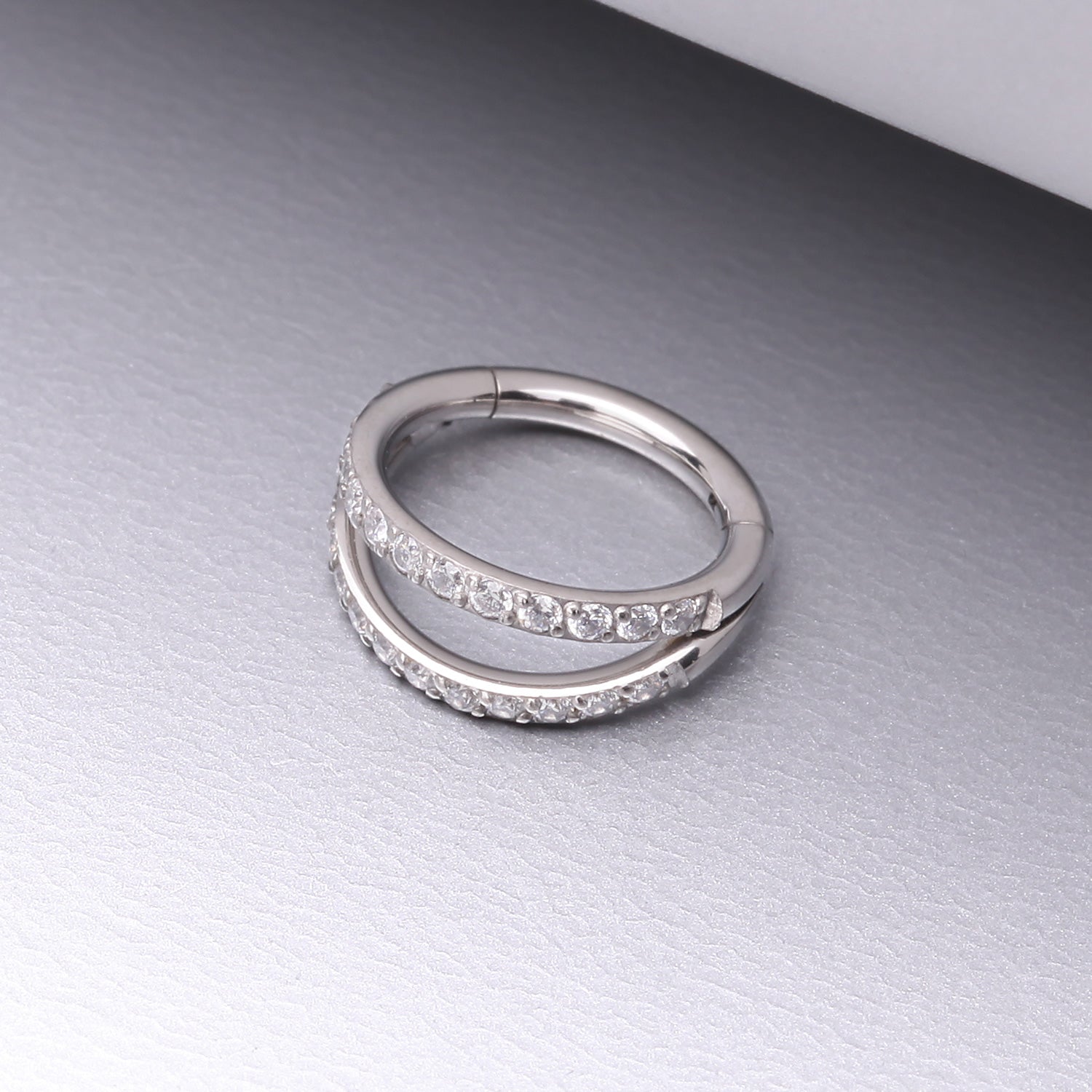 Detail View 1 of Implant Grade Titanium Double Hoop Gems Seamless Clicker Hoop Ring-Clear Gem