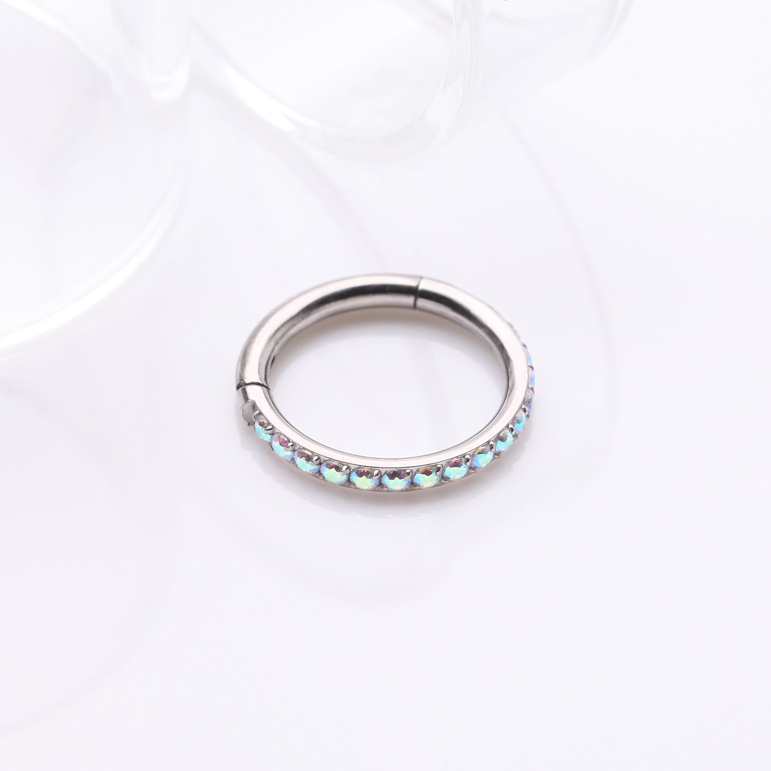 Detail View 1 of Implant Grade Titanium Brilliant Sparkle Gems Lined Clicker Hoop Ring-Aurora Borealis