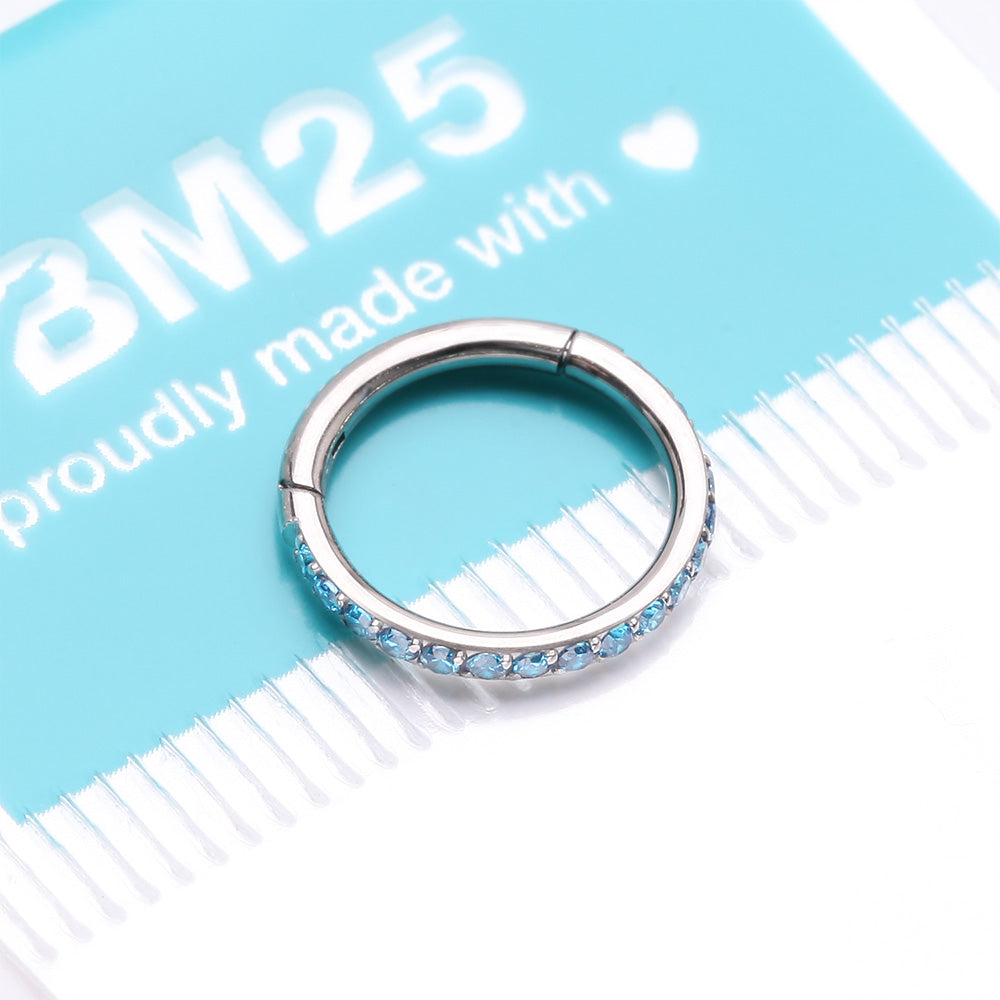 Detail View 3 of Implant Grade Titanium Brilliant Sparkle Gems Lined Clicker Hoop Ring-Blue