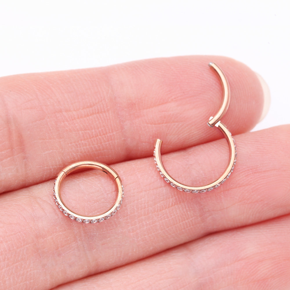 Detail View 3 of Implant Grade Titanium Rose Gold Brilliant Sparkle Gems Lined Clicker Hoop Ring-Clear Gem