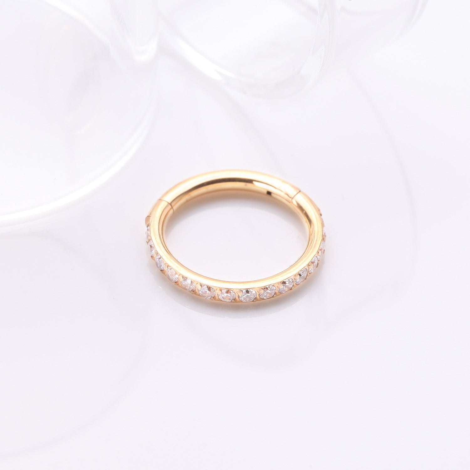 Detail View 1 of Implant Grade Titanium Golden Brilliant Sparkle Gems Lined Clicker Hoop Ring-Clear Gem