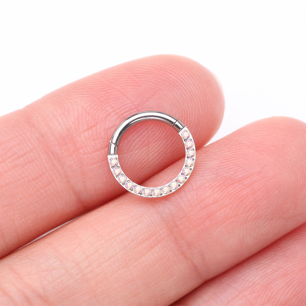 Detail View 2 of Implant Grade Titanium Brilliant Sparkle Gems Front Lined Clicker Hoop Ring-Aurora Borealis