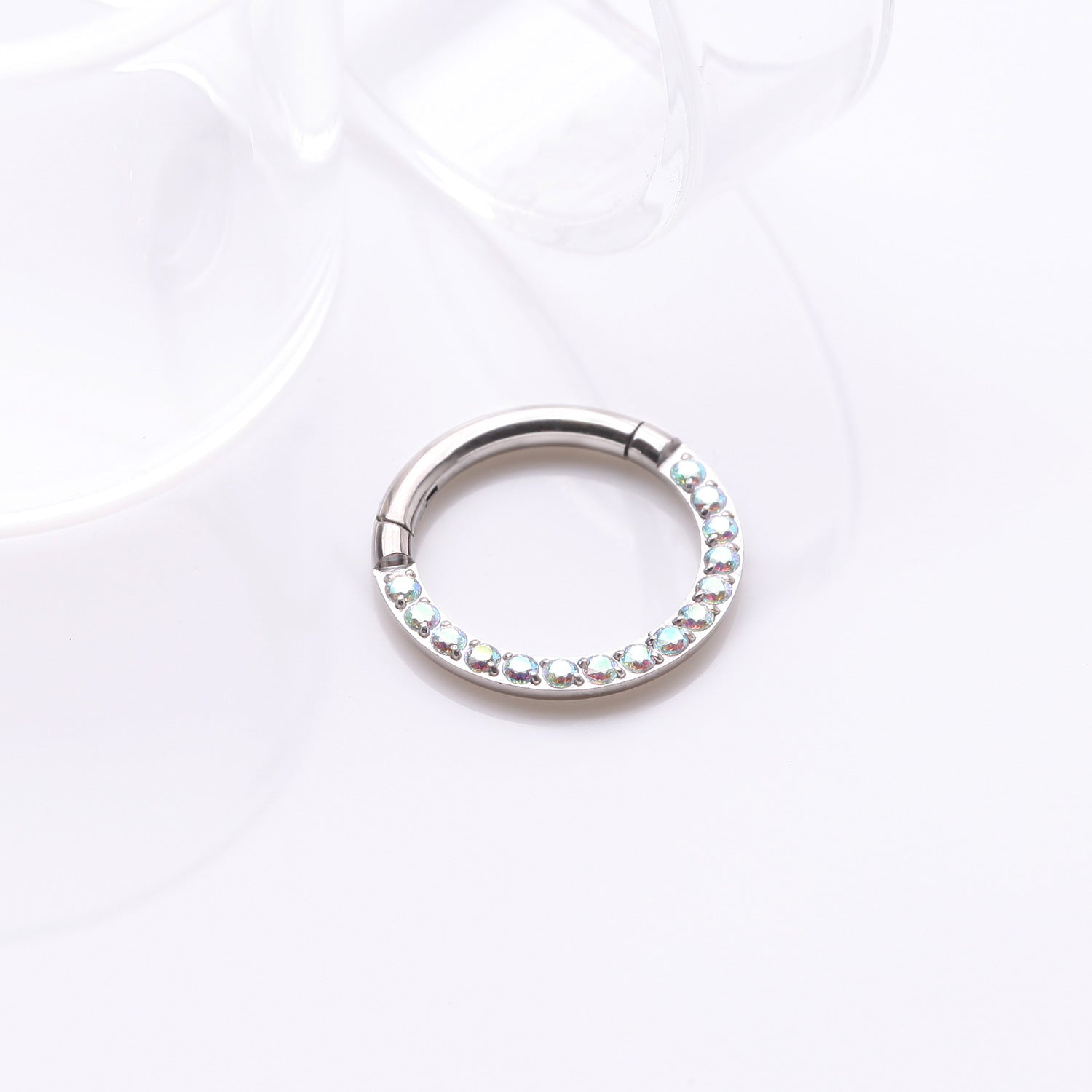 Detail View 1 of Implant Grade Titanium Brilliant Sparkle Gems Front Lined Clicker Hoop Ring-Aurora Borealis