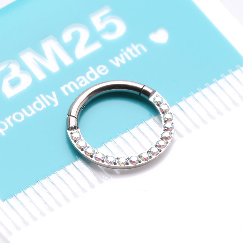 Detail View 3 of Implant Grade Titanium Brilliant Sparkle Gems Front Lined Clicker Hoop Ring-Aurora Borealis