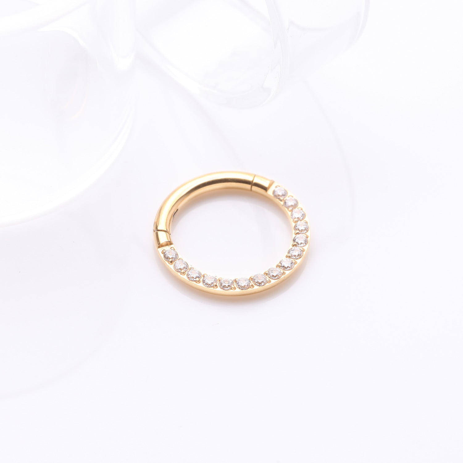 Detail View 1 of Implant Grade Titanium Golden Brilliant Sparkle Gems Front Lined Clicker Hoop Ring-Clear Gem