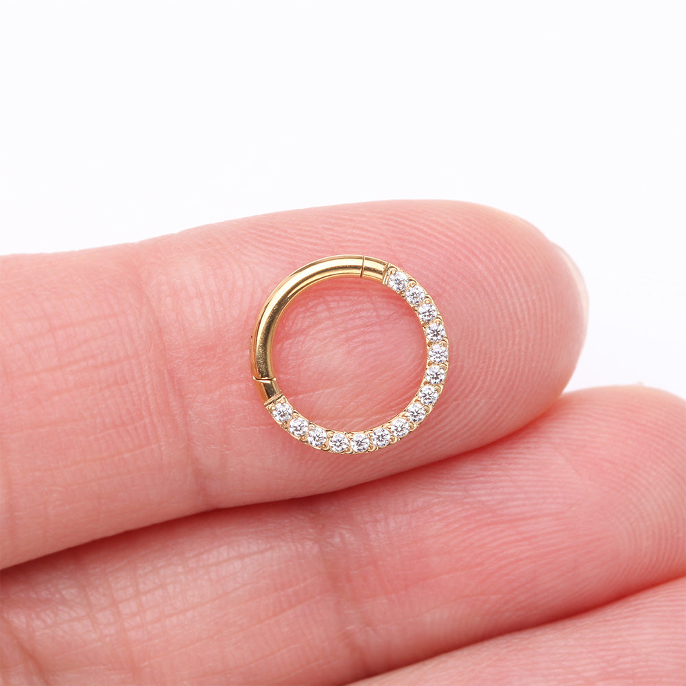 Detail View 2 of Implant Grade Titanium Golden Brilliant Sparkle Gems Front Lined Clicker Hoop Ring-Clear Gem