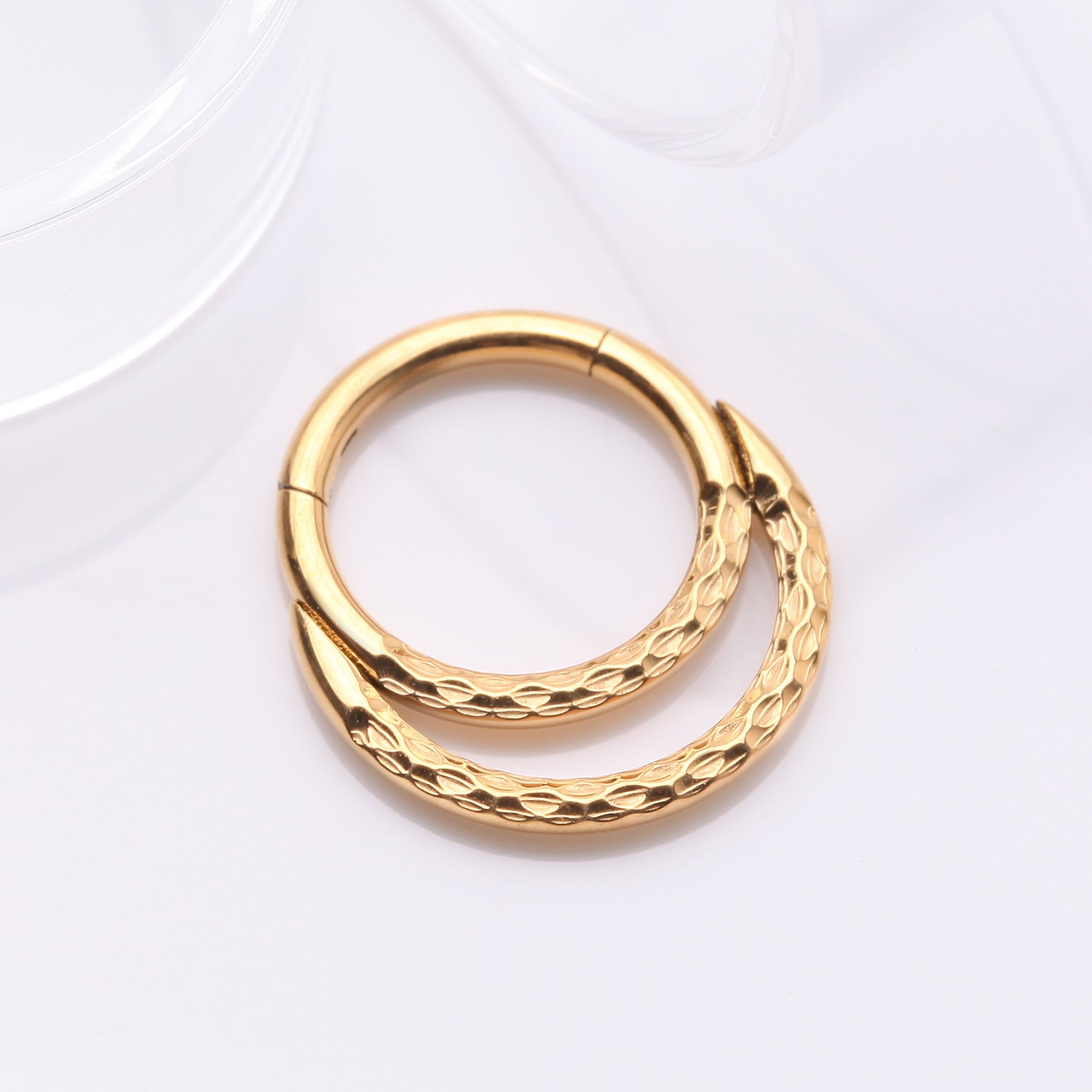Detail View 1 of Pure24K Implant Grade Titanium Hammered Accent Double Loop Clicker Hoop Ring