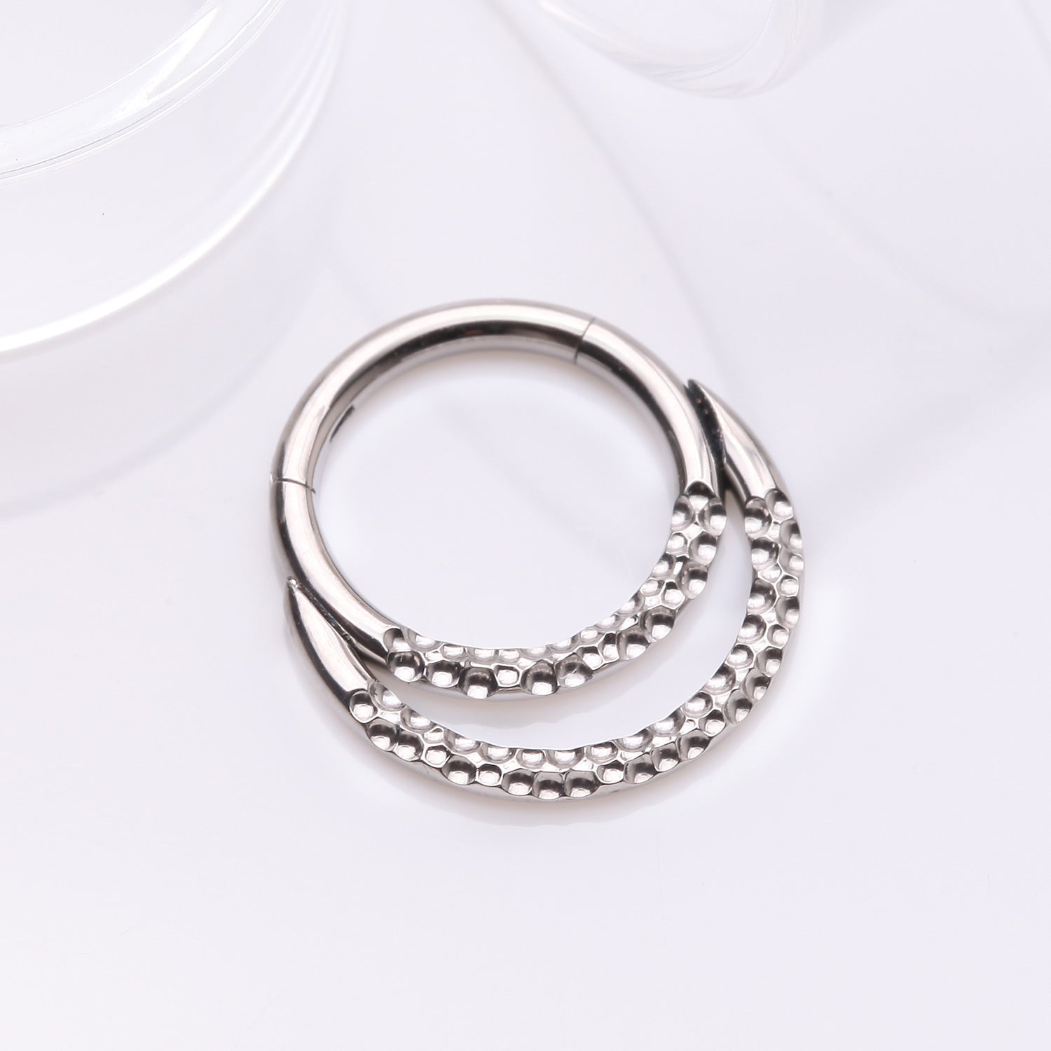 Detail View 1 of Implant Grade Titanium Hammered Accent Double Loop Clicker Hoop Ring