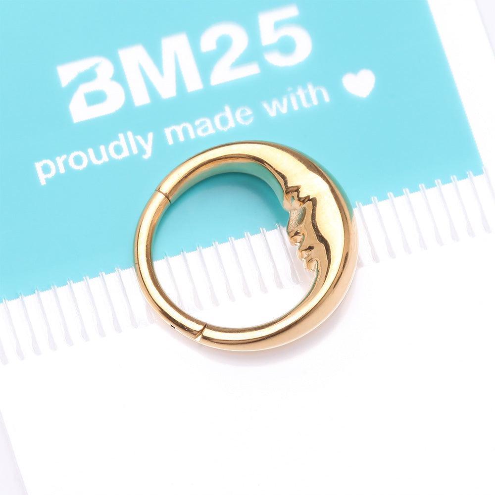 Detail View 4 of Pure24K Implant Grade Titanium Vintage Crescent Moon Face Clicker Hoop Ring