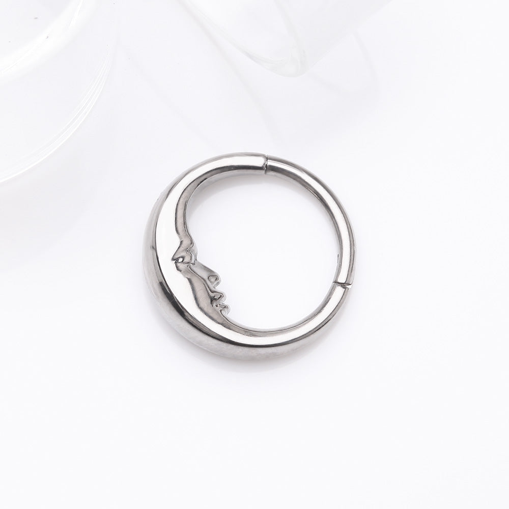 Detail View 2 of Implant Grade Titanium Vintage Crescent Moon Face Clicker Hoop Ring
