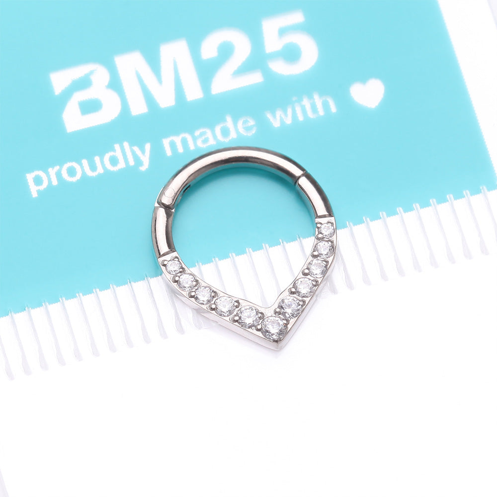 Detail View 4 of Implant Grade Titanium Sparkle Chevron Teardrop Clicker Hoop Ring-Clear Gem