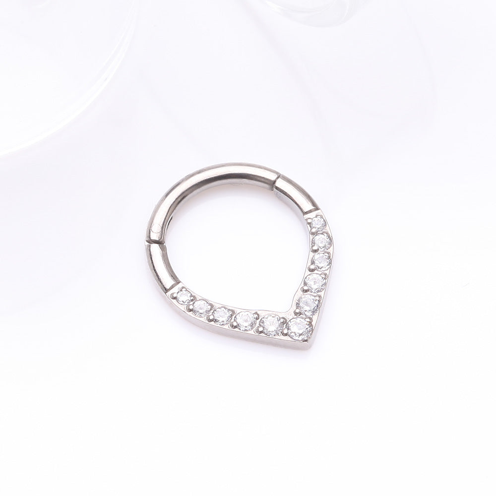 Detail View 2 of Implant Grade Titanium Sparkle Chevron Teardrop Clicker Hoop Ring-Clear Gem
