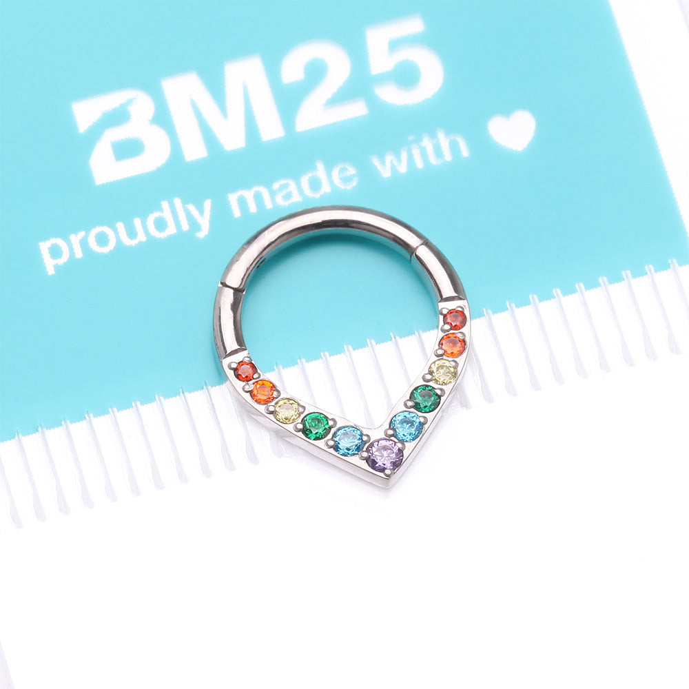 Detail View 4 of Implant Grade Titanium Sparkle Chevron Teardrop Clicker Hoop Ring-Rainbow/Assorted Gem
