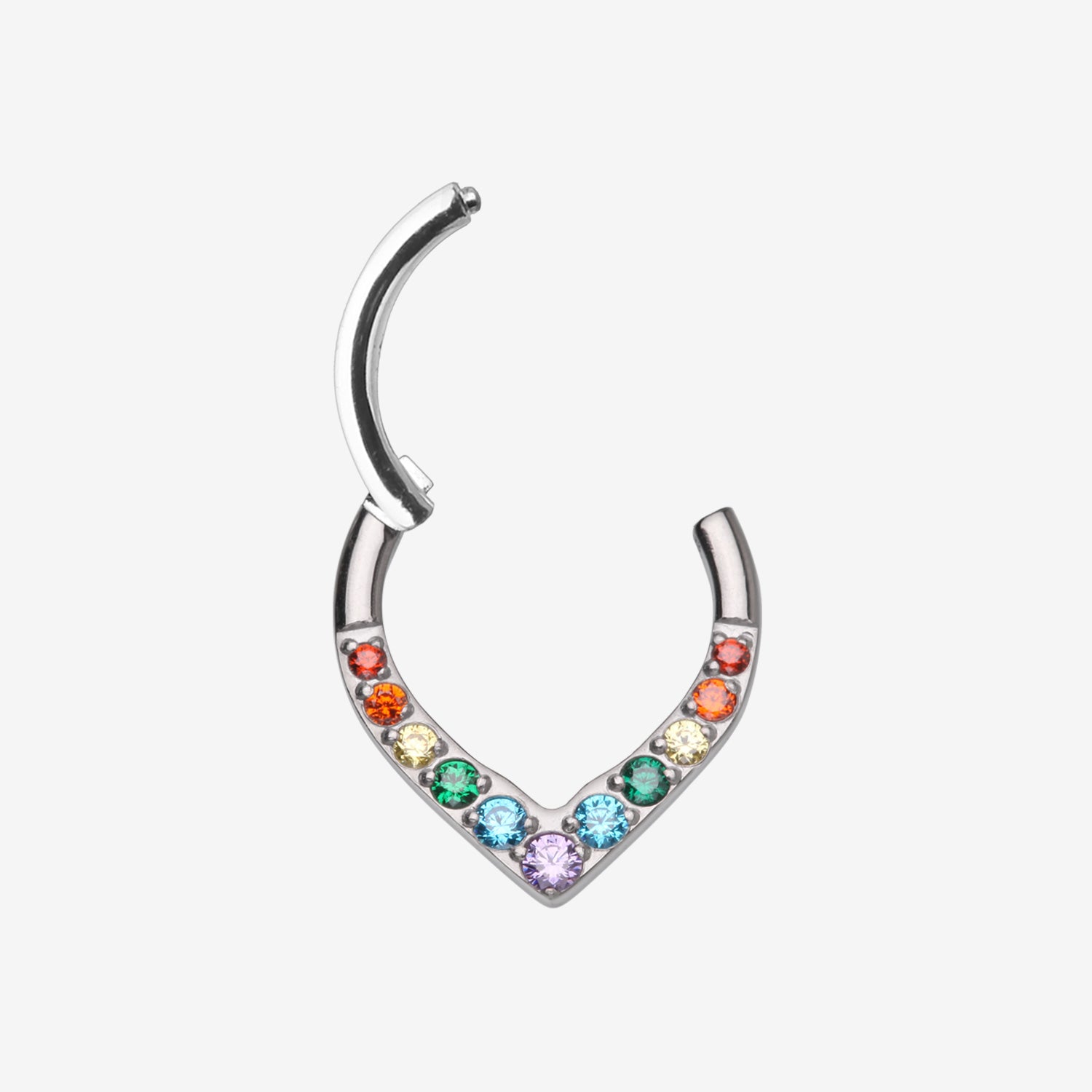 Detail View 1 of Implant Grade Titanium Sparkle Chevron Teardrop Clicker Hoop Ring-Rainbow/Assorted Gem