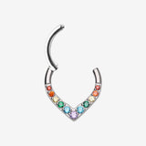 Detail View 1 of Implant Grade Titanium Sparkle Chevron Teardrop Clicker Hoop Ring-Rainbow/Assorted Gem