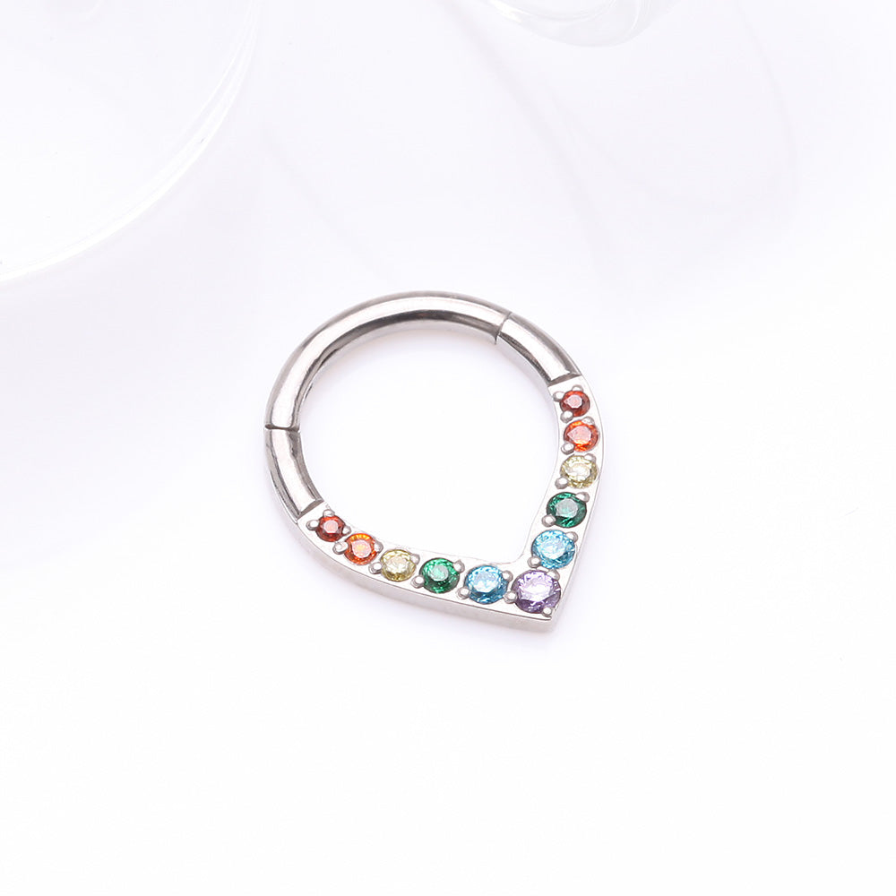 Detail View 2 of Implant Grade Titanium Sparkle Chevron Teardrop Clicker Hoop Ring-Rainbow/Assorted Gem