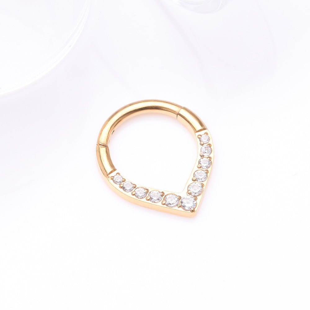 Detail View 2 of Pure24K Implant Grade Titanium Sparkle Chevron Teardrop Clicker Hoop Ring-Clear Gem