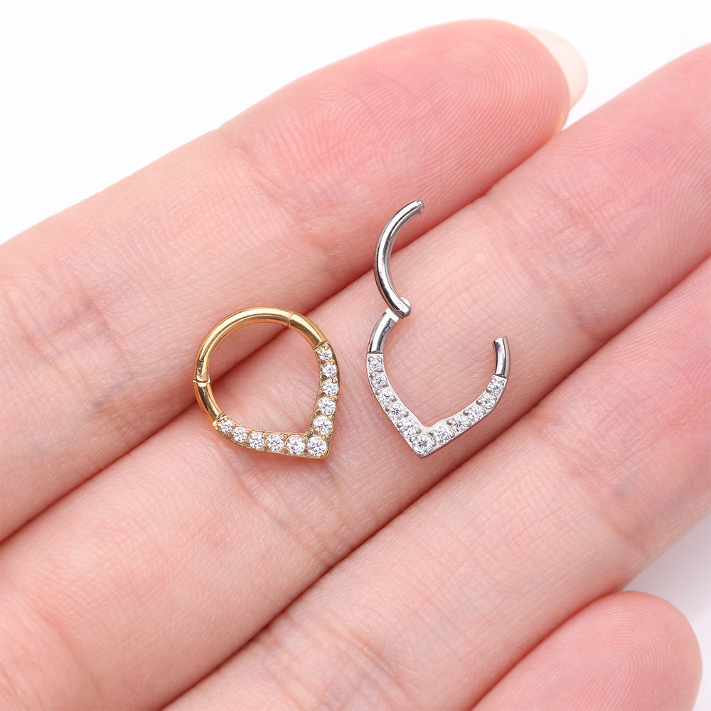 Detail View 3 of Pure24K Implant Grade Titanium Sparkle Chevron Teardrop Clicker Hoop Ring-Clear Gem