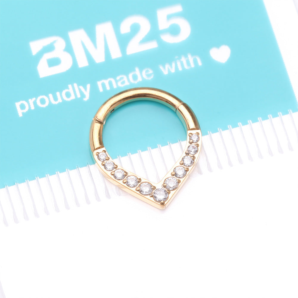 Detail View 4 of Pure24K Implant Grade Titanium Sparkle Chevron Teardrop Clicker Hoop Ring-Clear Gem
