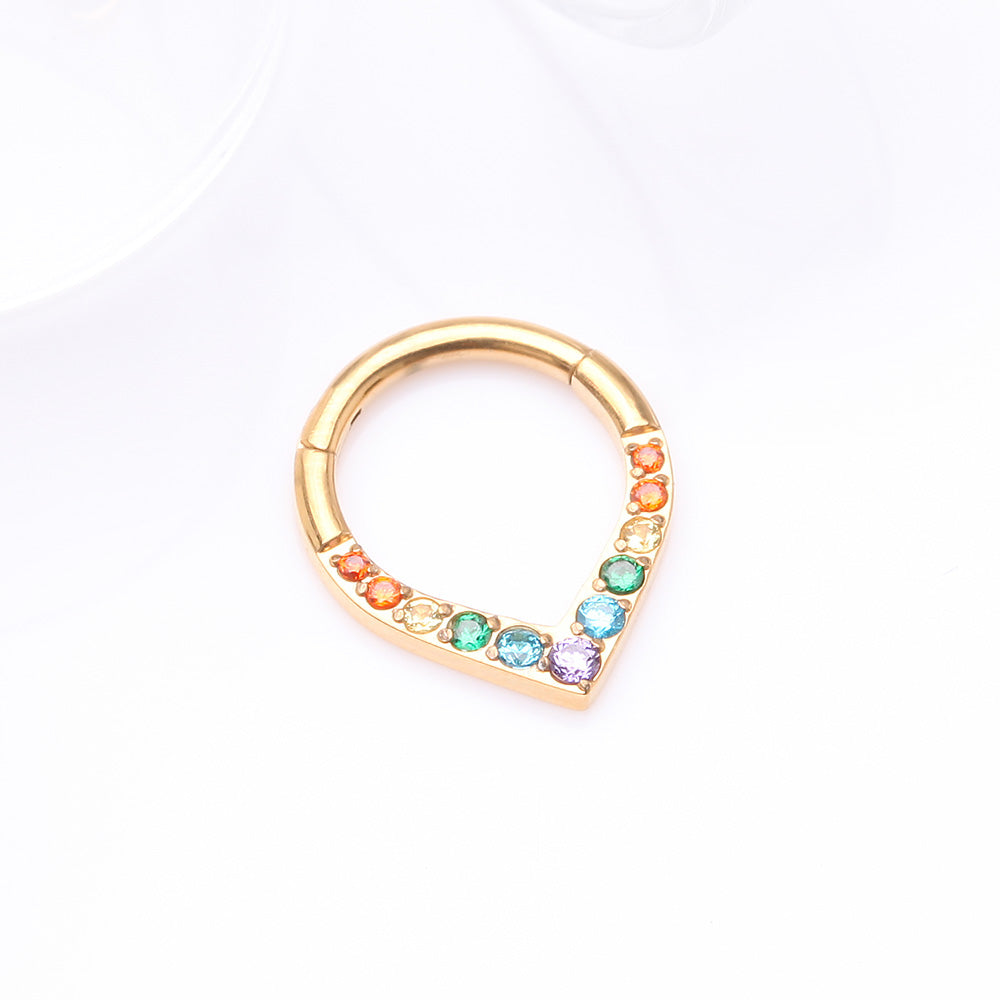 Detail View 2 of Pure24K Implant Grade Titanium Sparkle Chevron Teardrop Clicker Hoop Ring-Rainbow/Assorted Gem